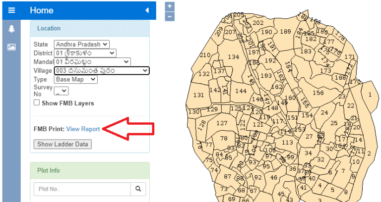 BhuNaksha AP cadastral map portal showing FMB report download and plot numbers map online
