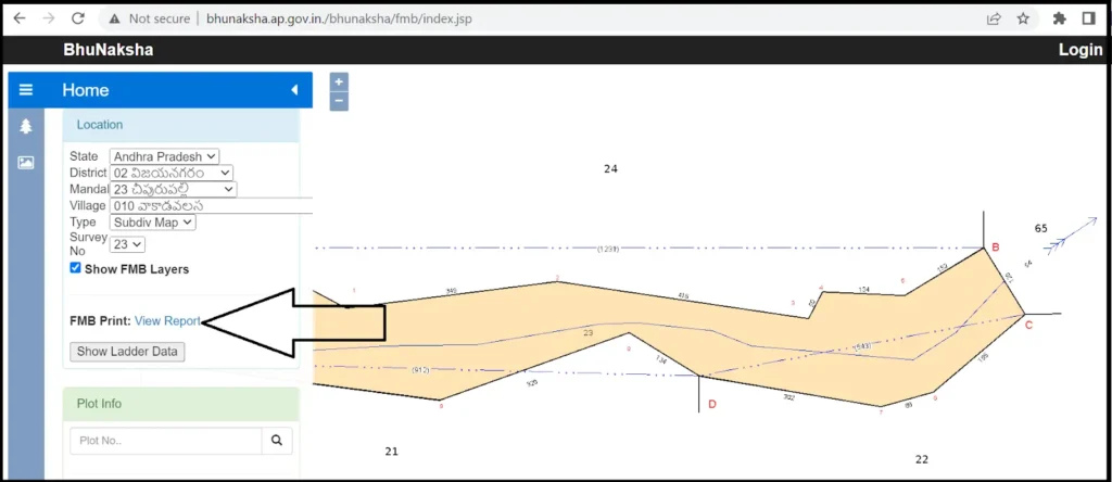 BhuNaksha AP portal showing FMB Print View Report option for Andhra Pradesh land records online